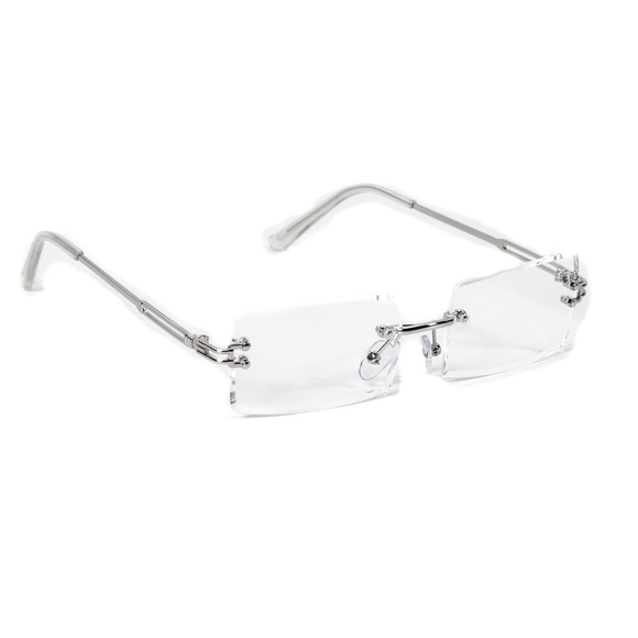 Men's Square Silver Clear Lens Rimless Glasses - Picture 2 of 4